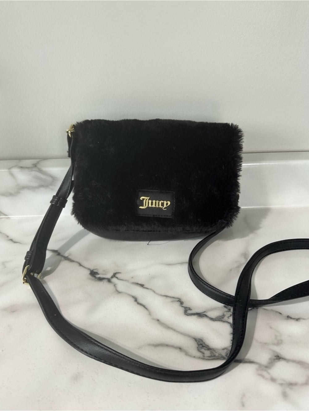 NWOT Juicy Couture Black Faux Fur Mini Crossbody with Gold Logo
